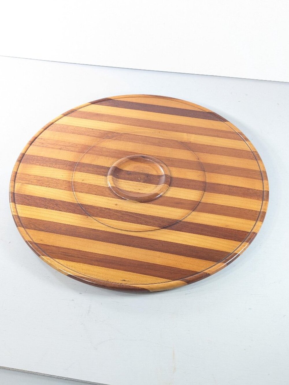 Vintage Banded wood decorative serving tray, Lazy Susan presentation platter